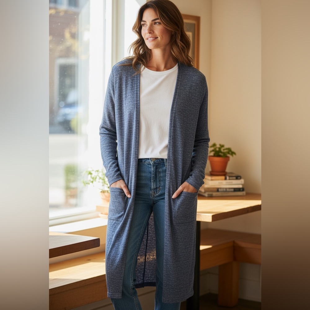 Theory Torina Wool Linen Long Open Front Cardigan Blue Knit Medium - Picture 9 of 9